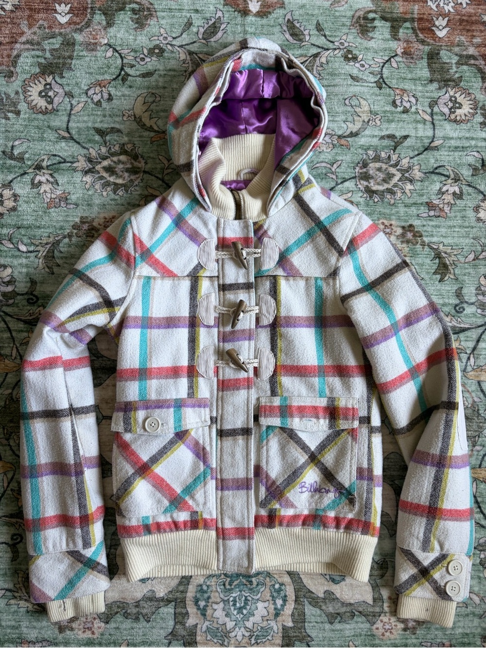 Billabong Plaid Wool Blend Hooded Toggle Jacket